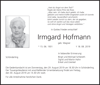 Anzeige von Irmgard Hofmann von MGO