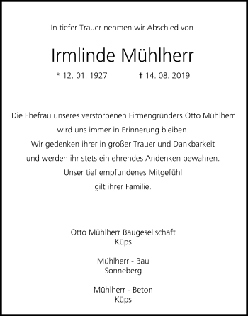 Anzeige von Irmlinde Mühlherr von MGO