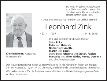 Anzeige von Leonhard Zink von MGO