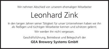 Anzeige von Leonhard Zink von MGO