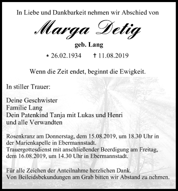 Anzeige von Marga Detig von MGO