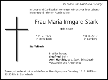 Anzeige von Maria Irmgard Stark von MGO