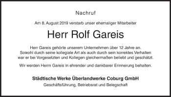 Anzeige von Rolf Gareis von MGO