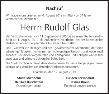 Anzeige von Rudolf Glas von MGO