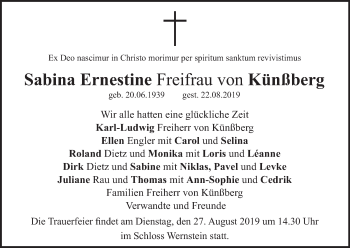 Anzeige von Sabina Ernestine  Freifrau von Künßberg von MGO