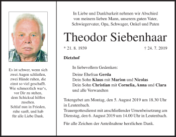 Anzeige von Theodor Siebenhaar von MGO