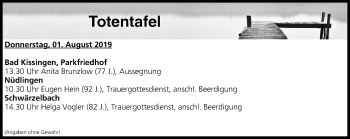 Anzeige von Totentafel vom 01.08.2019 von MGO