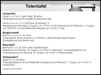 Anzeige von Totentafel vom 06.08.2019 von MGO