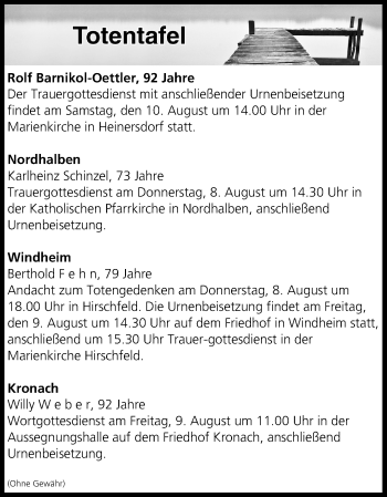Anzeige von Totentafel vom 07.08.2019 von MGO