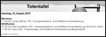 Anzeige von Totentafel vom 10.08.2019 von MGO