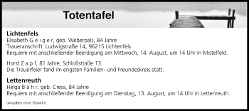 Anzeige von Totentafel vom 13.08.2019 von MGO