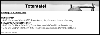 Anzeige von Totentafel vom 16.08.2019 von MGO