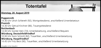 Anzeige von Totentafel vom 20.08.2019 von MGO