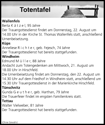 Anzeige von Totentafel vom 21.08.2019 von MGO