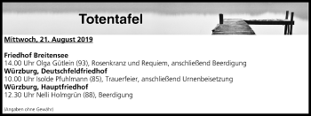 Anzeige von Totentafel vom 21.08.2019 von MGO