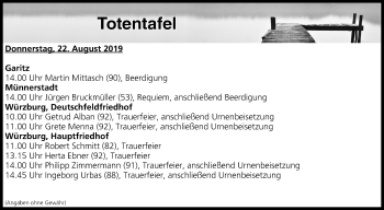 Anzeige von Totentafel vom 22.08.2019 von MGO