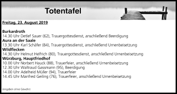 Anzeige von Totentafel vom 23.08.2019 von MGO