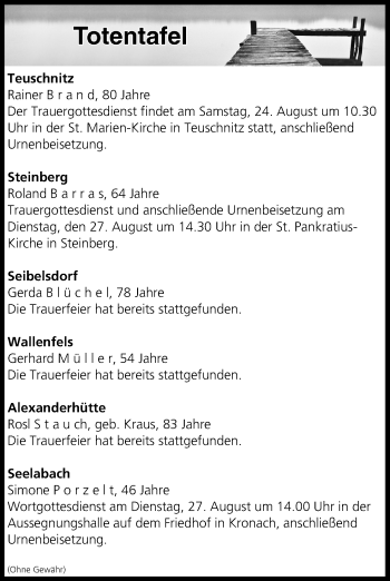 Anzeige von Totentafel vom 24.08.2019 von MGO