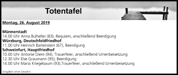 Anzeige von Totentafel vom 26.08.2019 von MGO