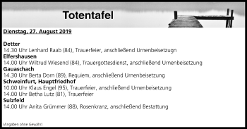 Anzeige von Totentafel vom 27.08.2019 von MGO