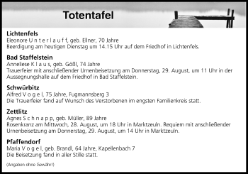 Anzeige von Totentafel vom 27.08.2019 von MGO