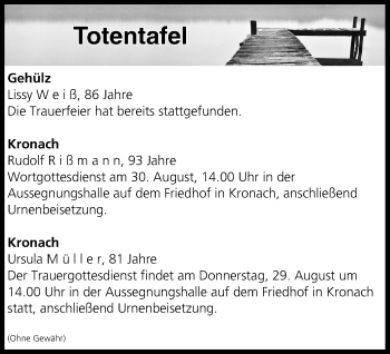 Anzeige von Totentafel vom 29.08.2019 von MGO