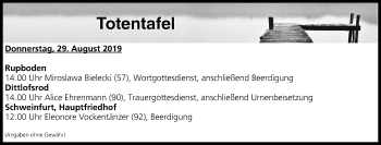 Anzeige von Totentafel vom 29.08.2019 von MGO