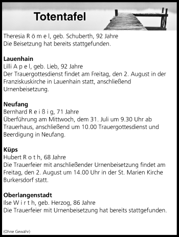 Anzeige von Totentafel vom 31.07.2019 von MGO