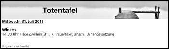 Anzeige von Totentafel vom 31.07.2019 von MGO