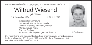 Anzeige von Wiltrud Wiesend von MGO