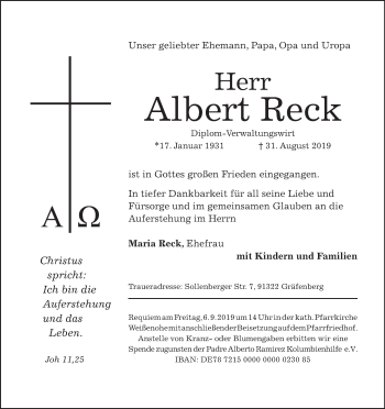 Anzeige von Albert Reck von MGO