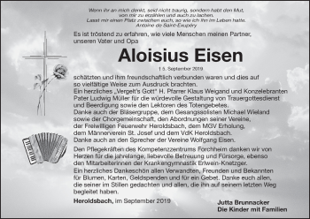 Anzeige von Aloisius Eisen von MGO