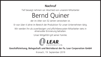 Anzeige von Bernd Quiner von MGO