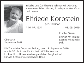 Anzeige von Elfriede Korbstein von MGO