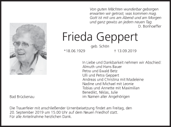 Anzeige von Frieda Geppert von MGO