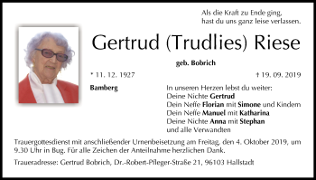 Anzeige von Gertrud Riese von MGO