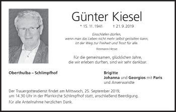 Anzeige von Günter Kiesel von MGO