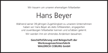 Anzeige von Hans Beyer von MGO