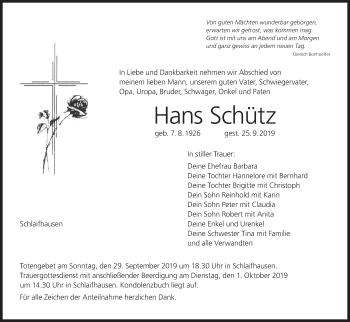 Anzeige von Hans Schütz von MGO