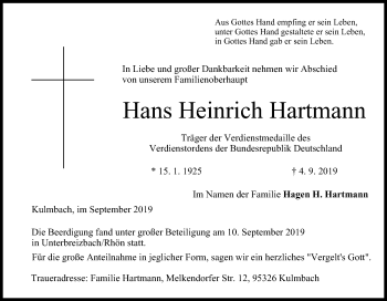 Anzeige von Hans Heinrich Hartmann von MGO