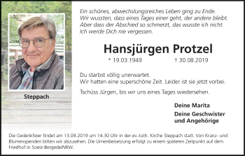 Anzeige von Hansjürgen Protzel von MGO