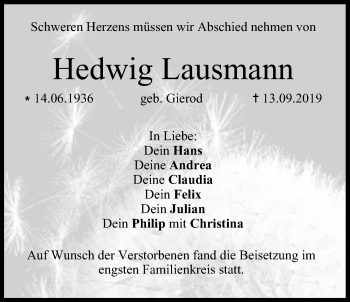 Anzeige von Hedwig Lausmann von MGO