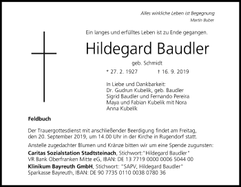 Anzeige von Hildegard Baudler von MGO