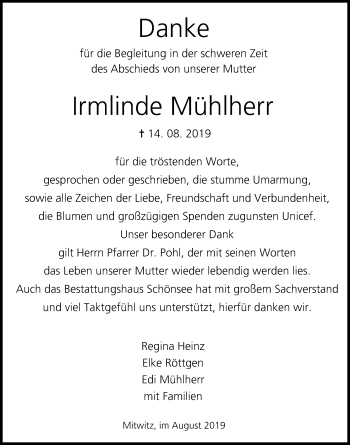 Anzeige von Irmlinde Mühlherr von MGO