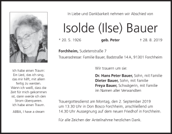 Anzeige von Isolde Bauer von MGO