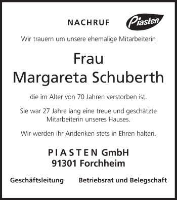 Anzeige von Margareta Schuberth von MGO