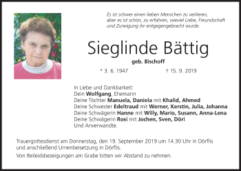 Anzeige von Sieglinde Bättig von MGO