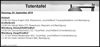 Anzeige von Totentafel vom 03.09.2019 von MGO