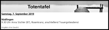 Anzeige von Totentafel vom 07.09.2019 von MGO