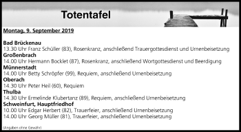 Anzeige von Totentafel vom 09.09.2019 von MGO